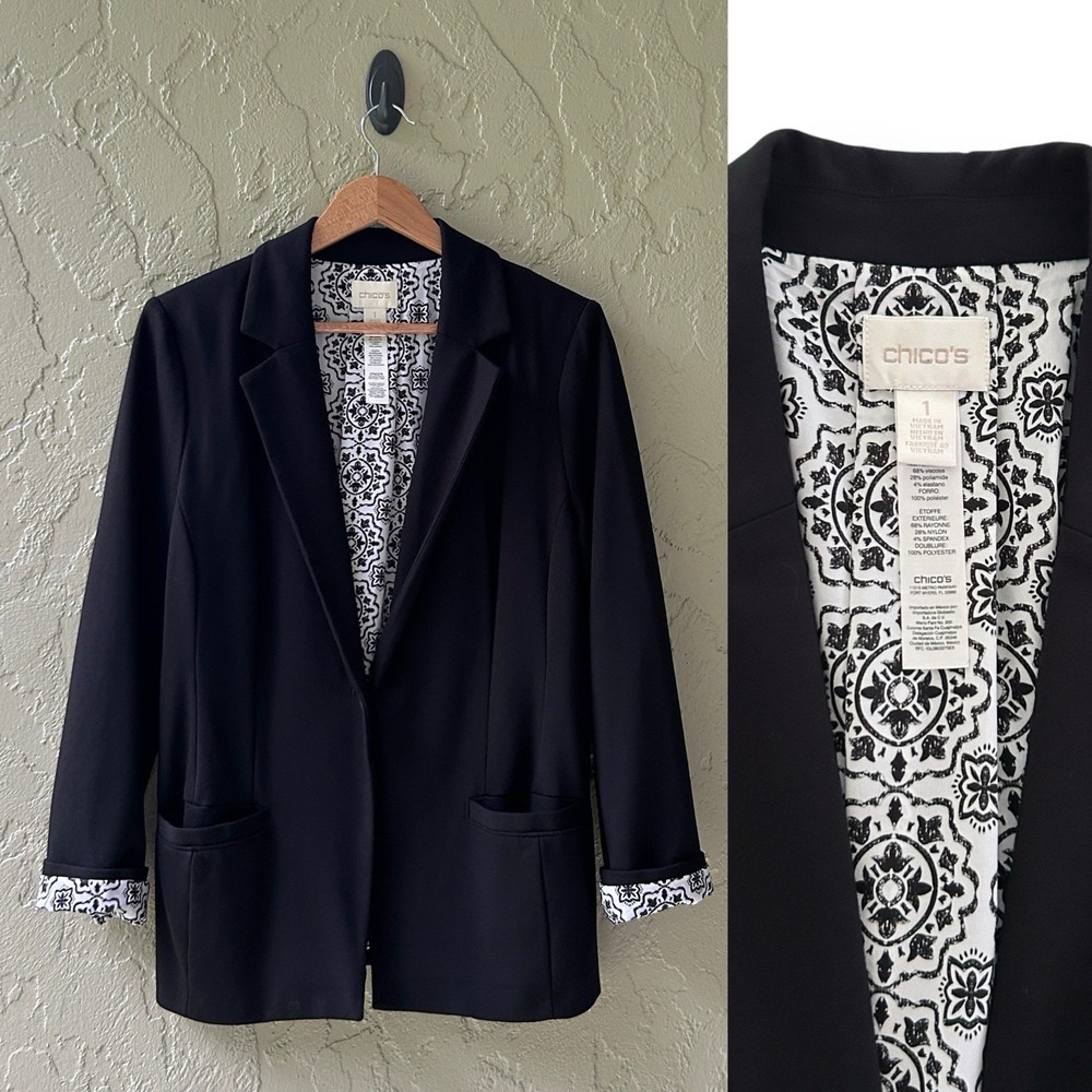 Chico's Women's Medium Black Size 1 Multi Ponte Knit Boyfriend Blazer Jacket NEW